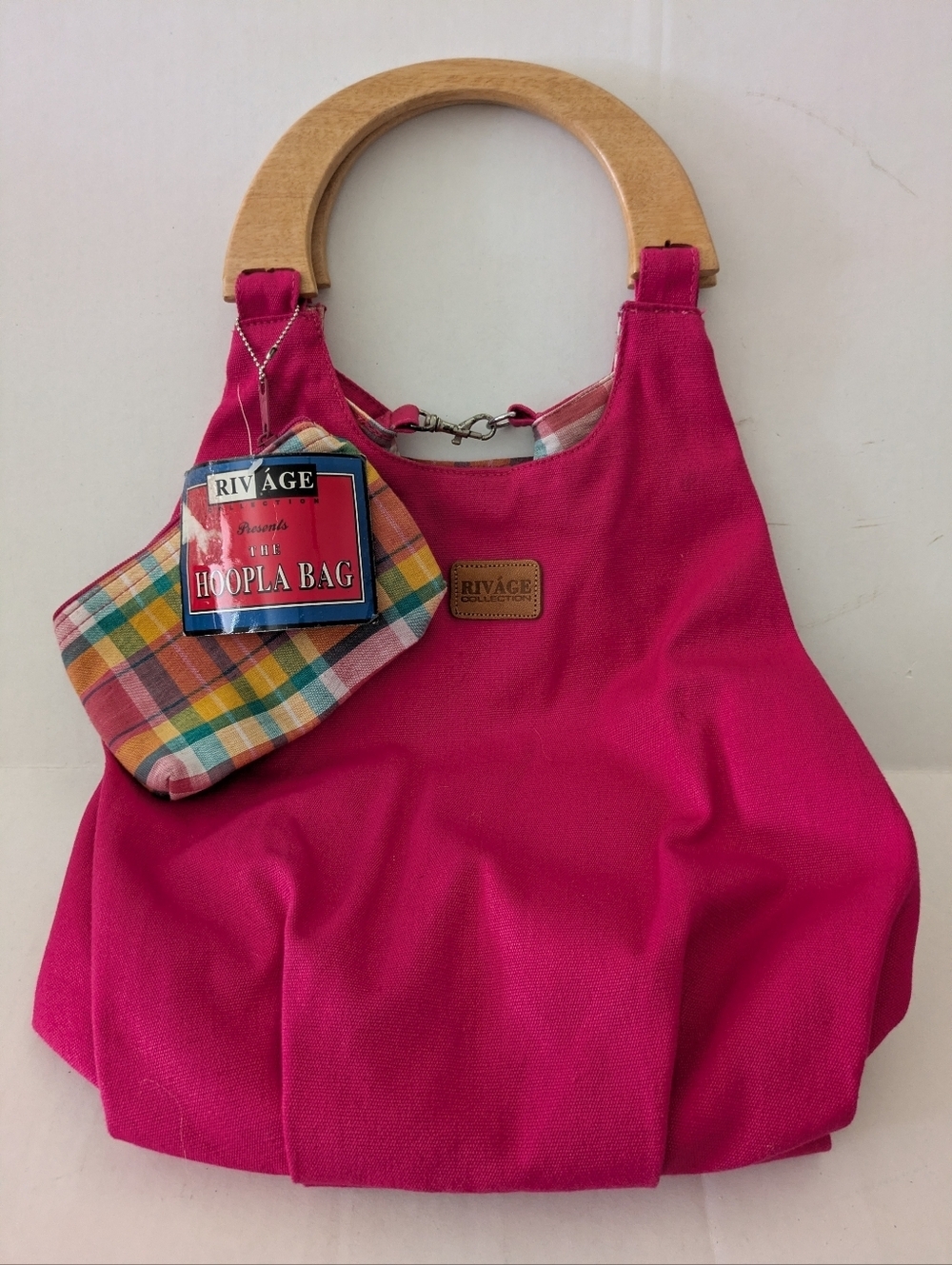 Rivage Collection Hoopla Reversible Bag w/Wooden Handle.Pink/Plaid.Nwt
